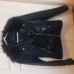 Guess Leather Look Moto Jacket with Removable Faux Fur Trim